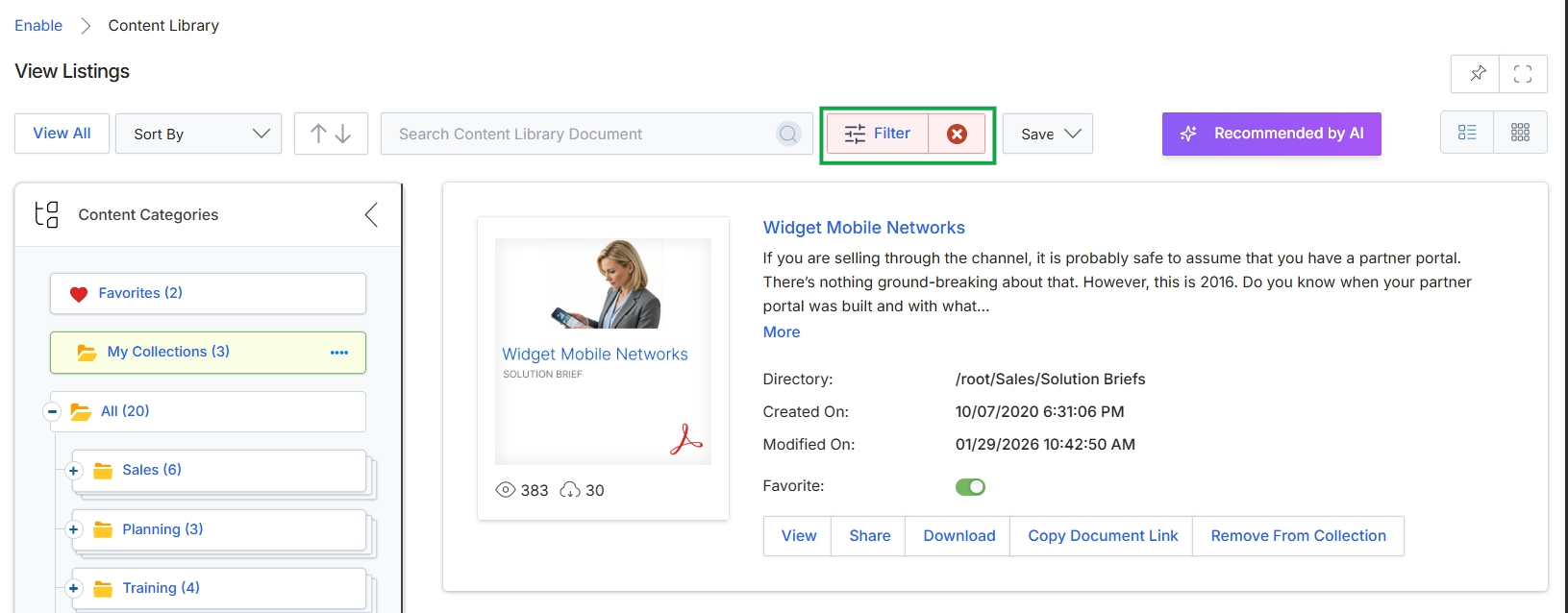 Enable module content library with filters applied