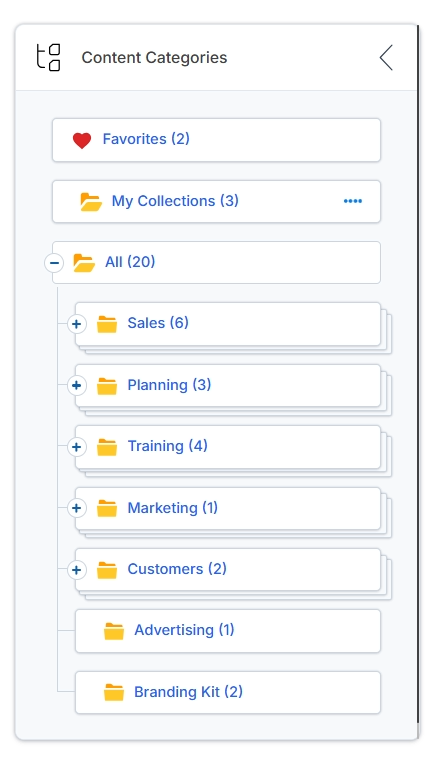 Asset library content categories panel