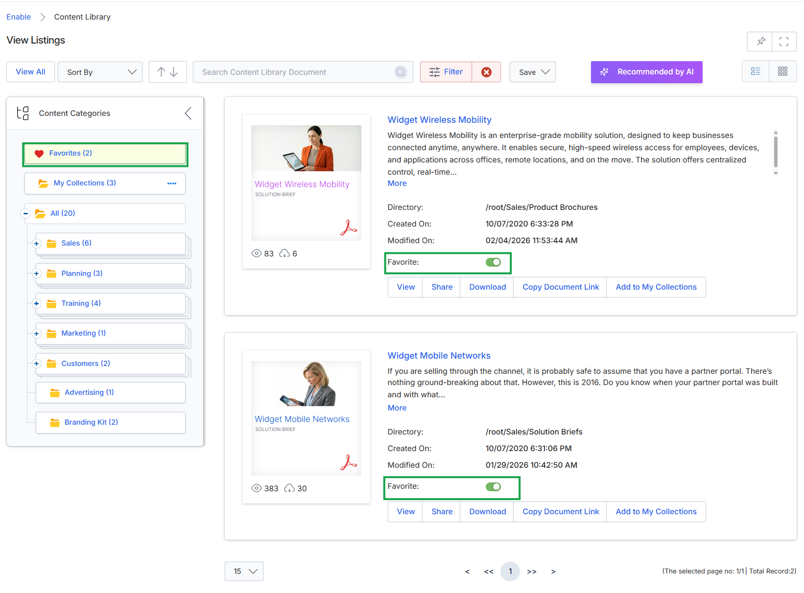Content Library with a document favorited