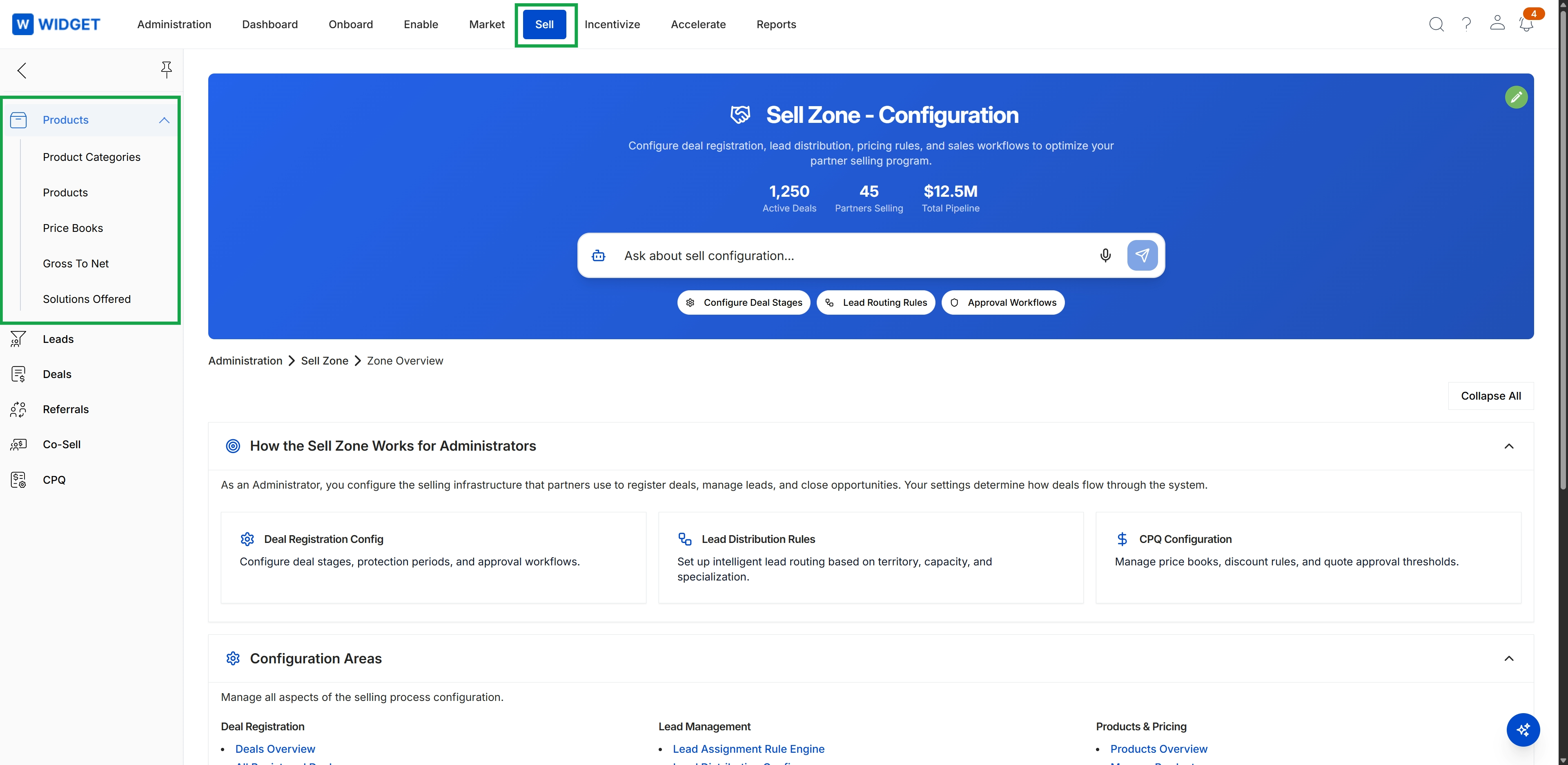 Sell Zone - Configuration page with Products menu expanded