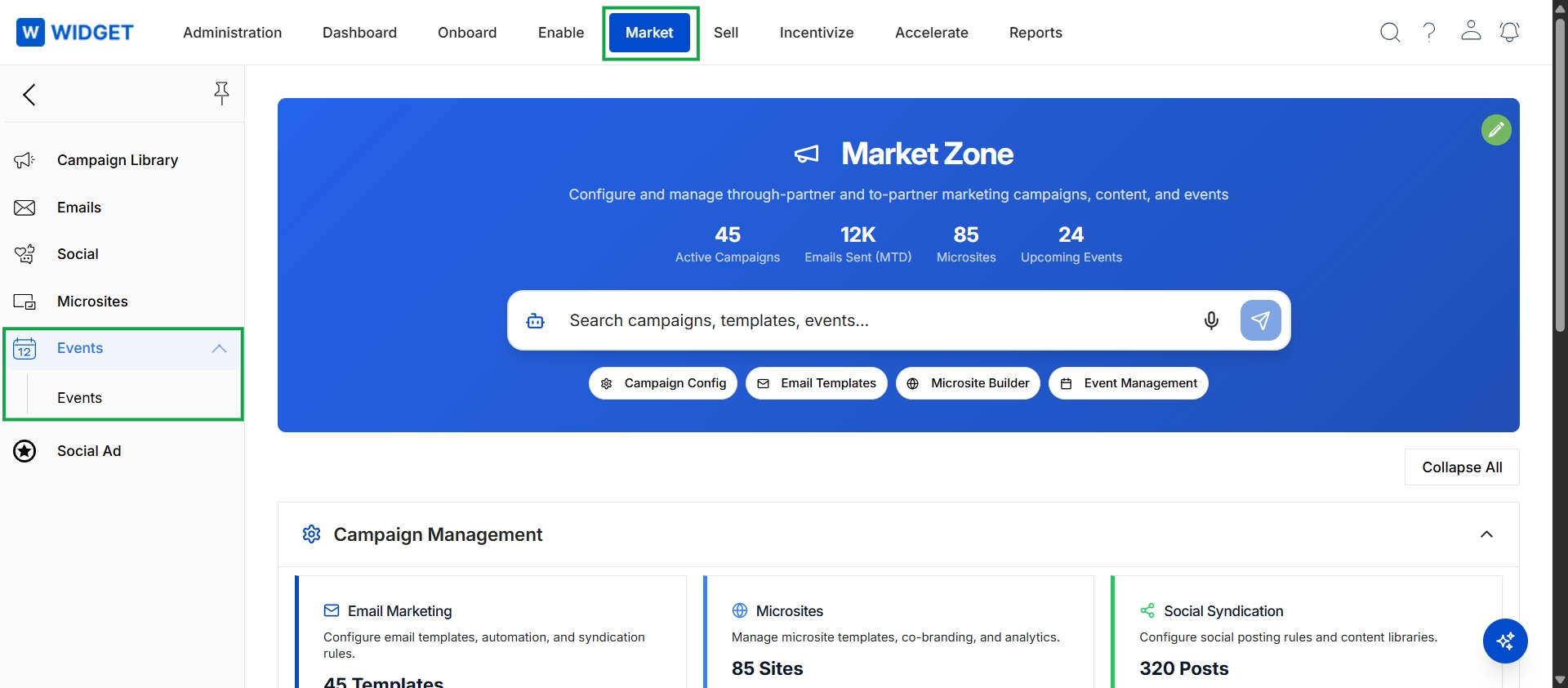 Market Zone with Events menu expanded
