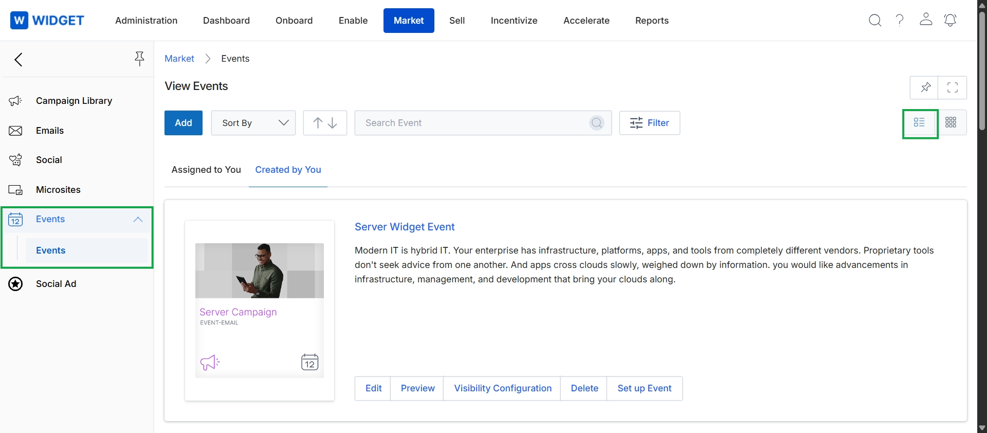 Marketing events list view