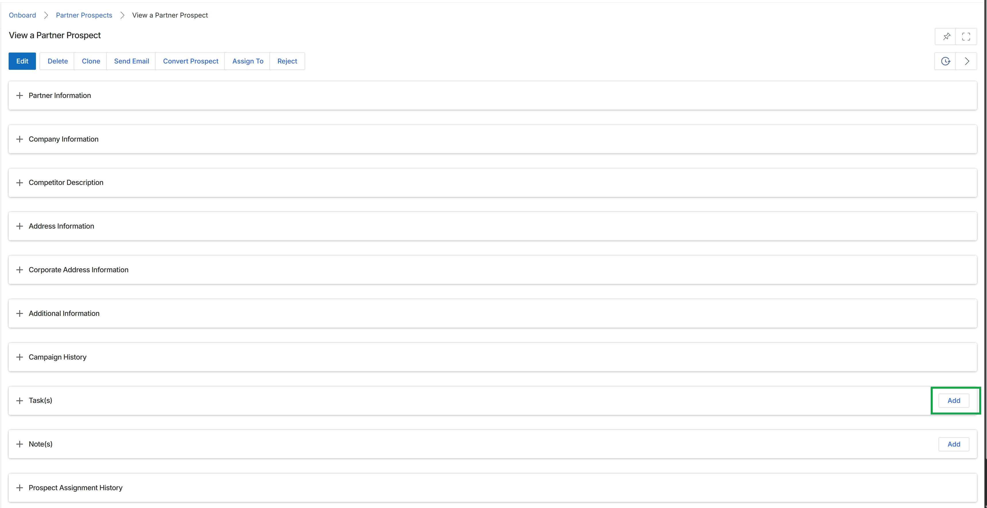 View a Partner Prospect page with collapsed sections