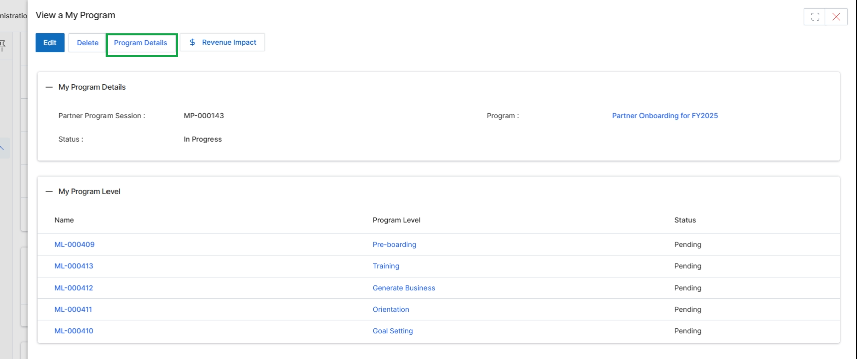 View a My Program session details
