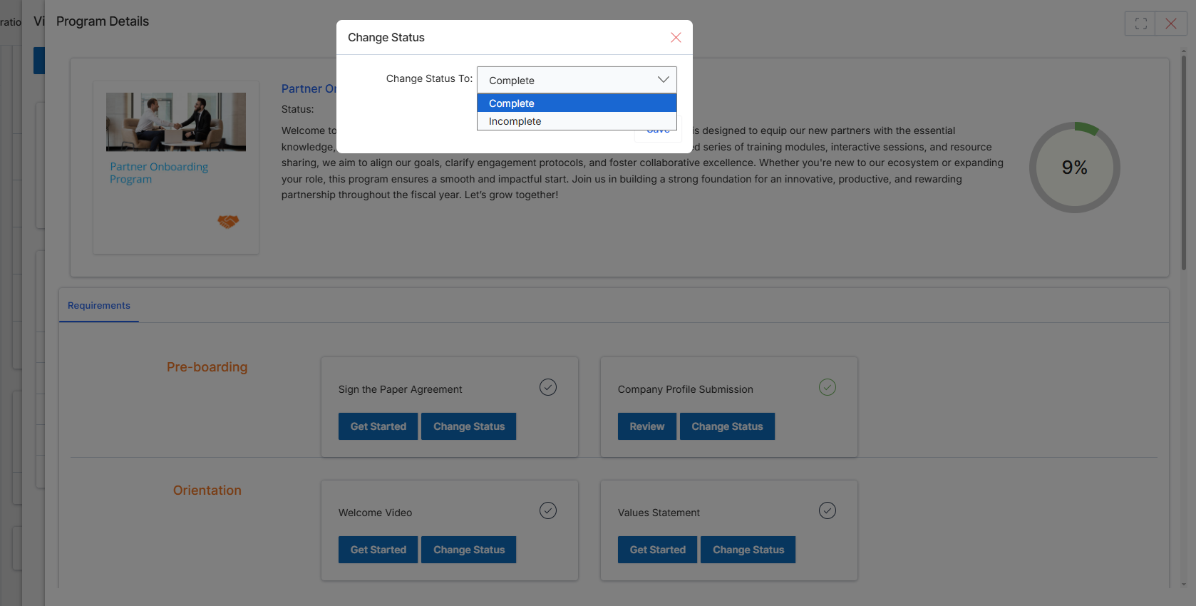 Change Status dialog