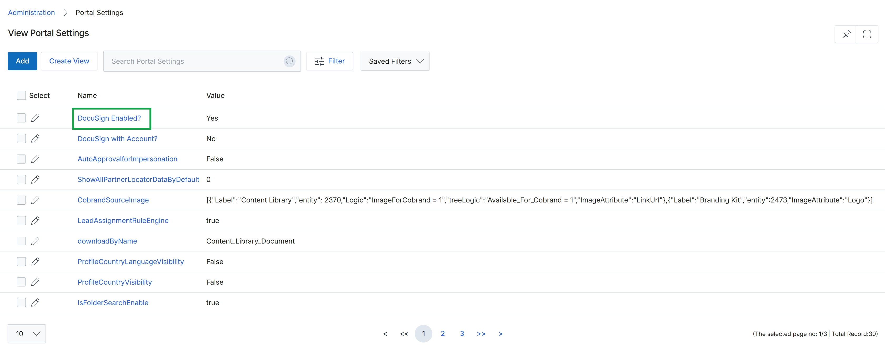View Portal Settings list