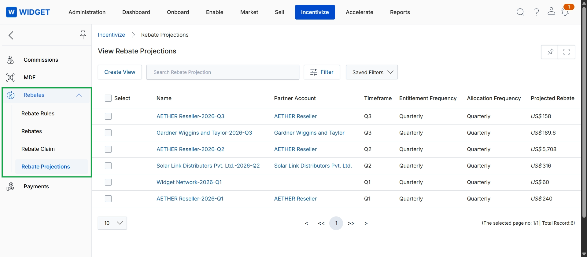 Incentivize module left navigation with Rebates menu expanded