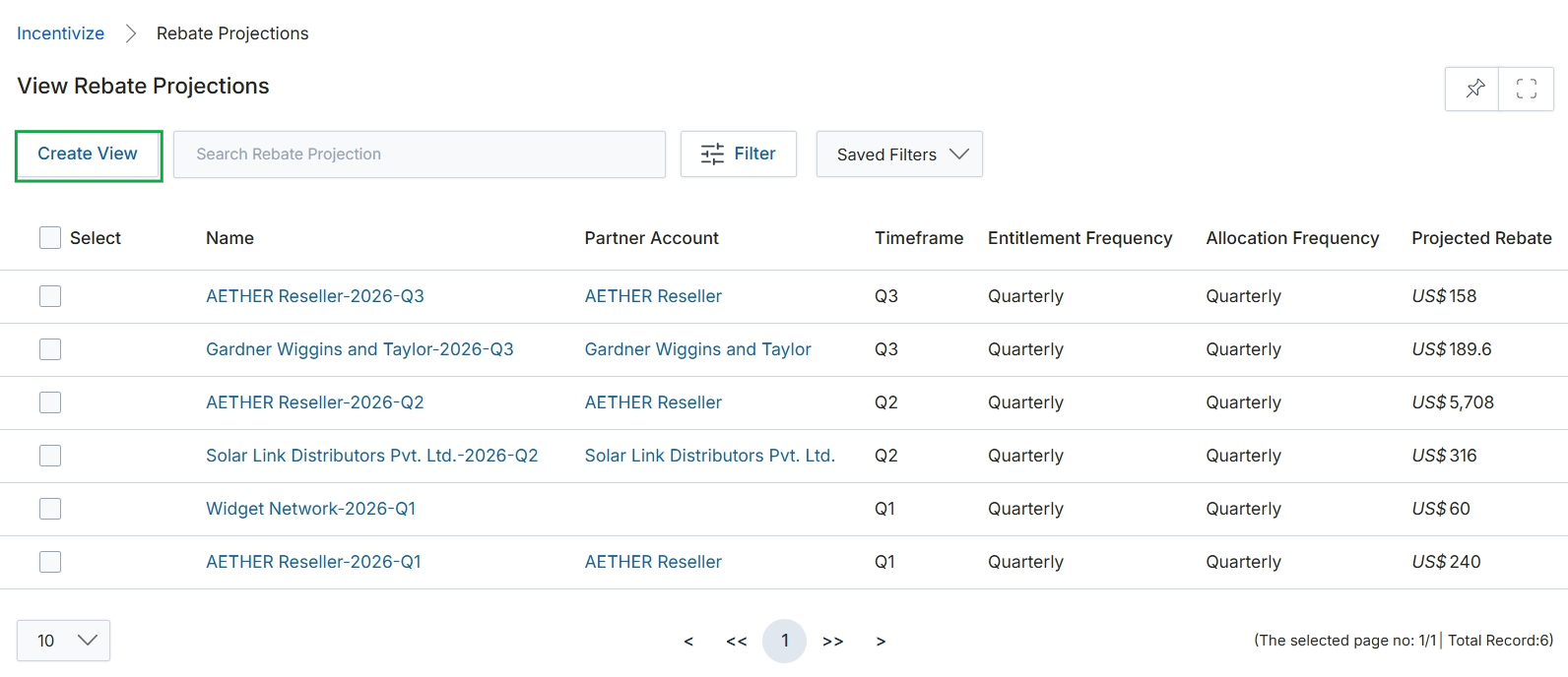 Rebate Projections list view