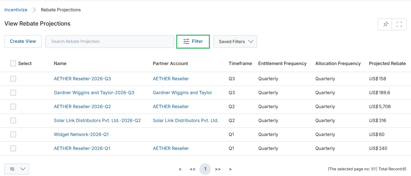 Rebate Projections list view