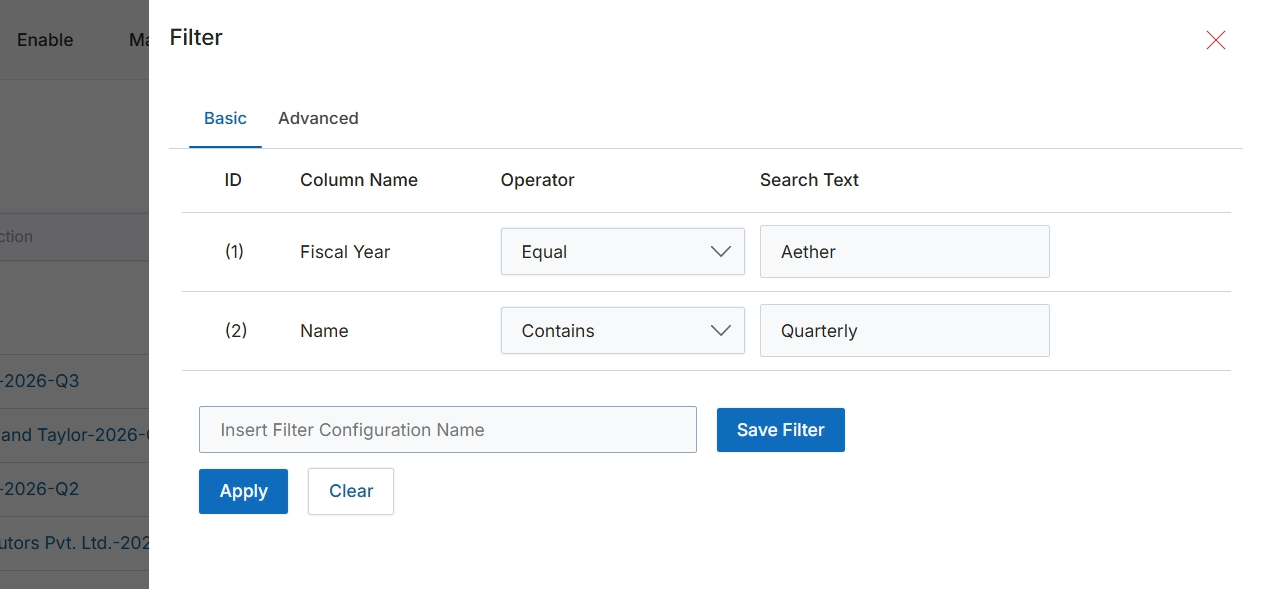 Filter configuration dialog