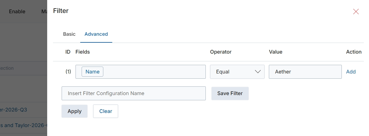 Advanced filter configuration dialog