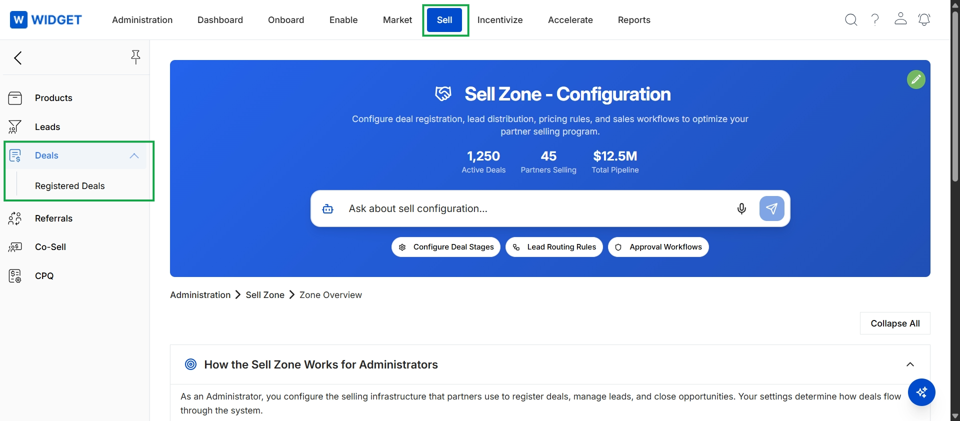 Sell Zone overview with navigation expanded