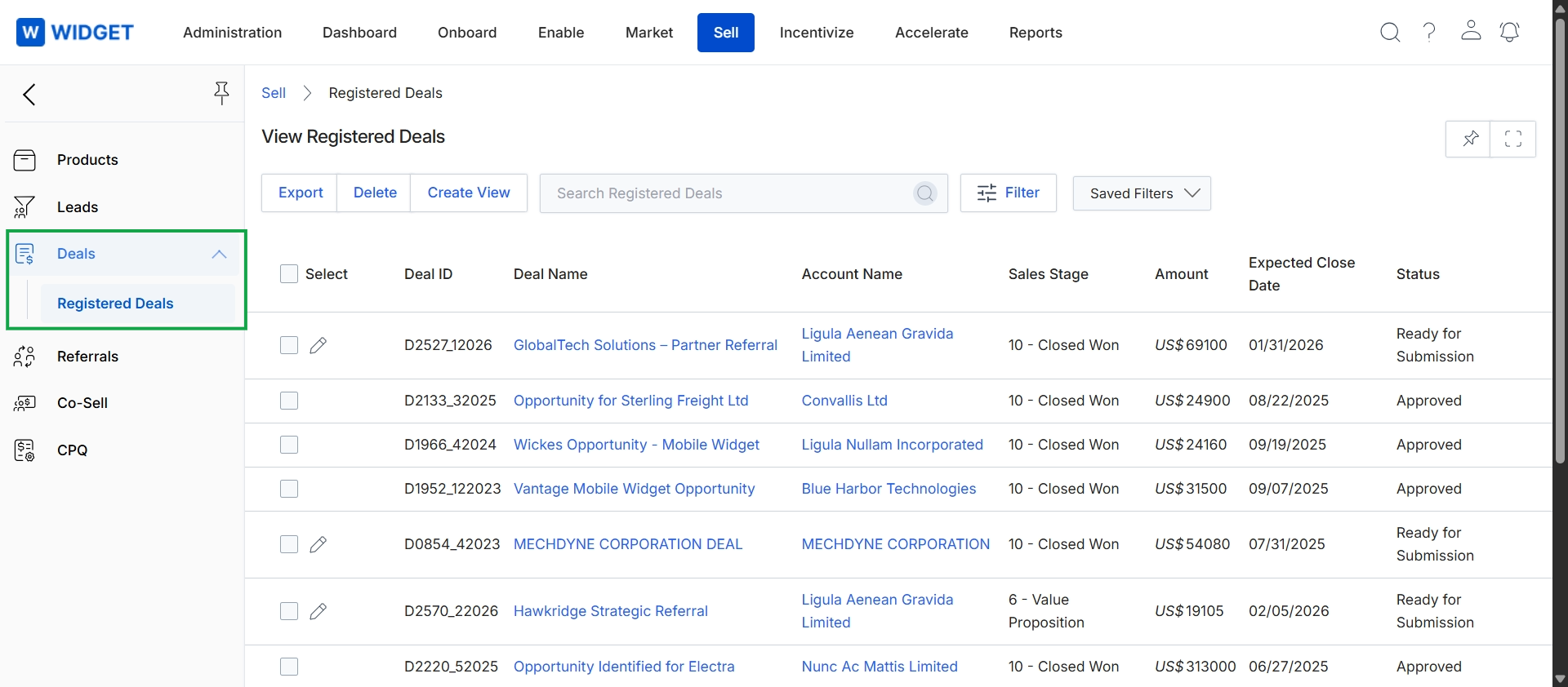 Registered Deals list view
