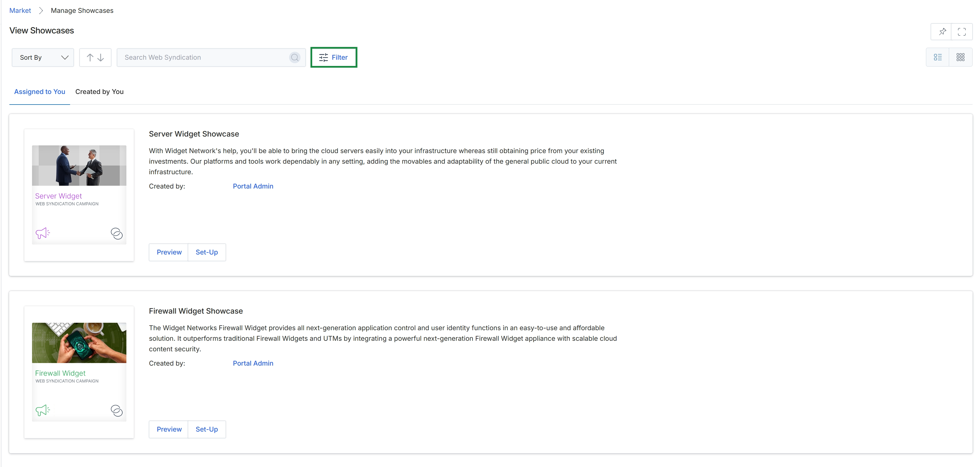 View Showcases page with Filter button highlighted