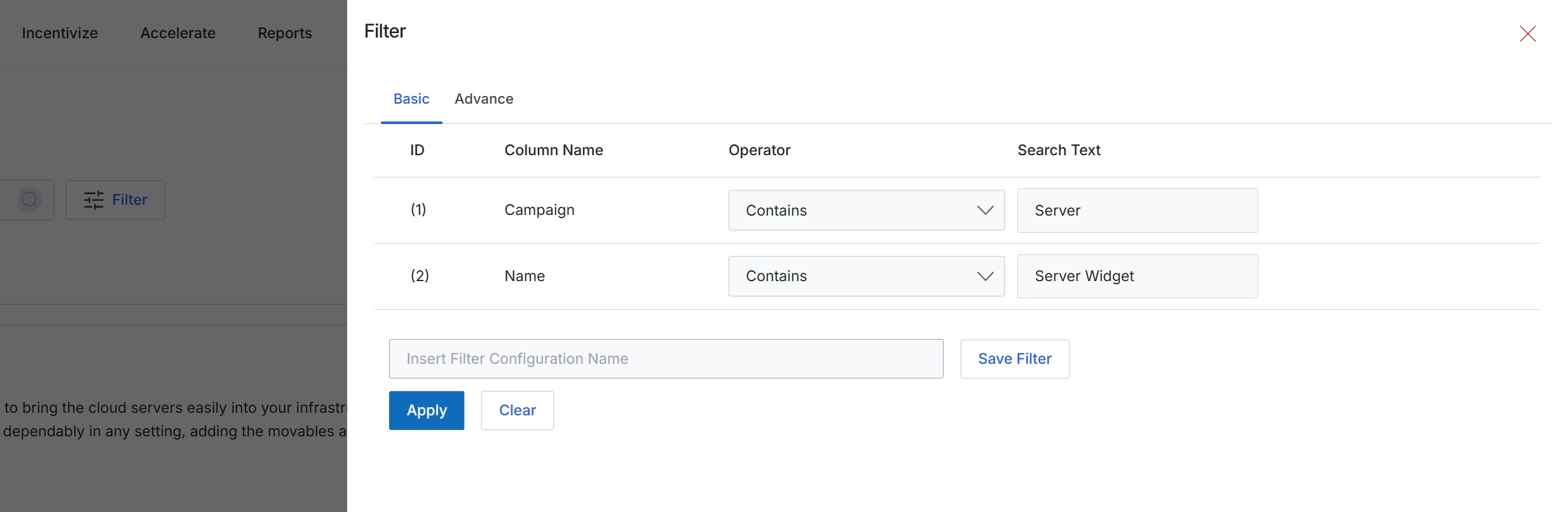 Filter dialog with basic criteria