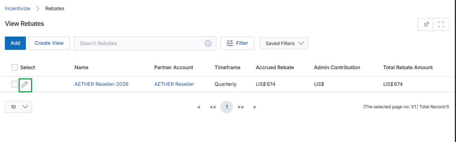 View Rebates list page
