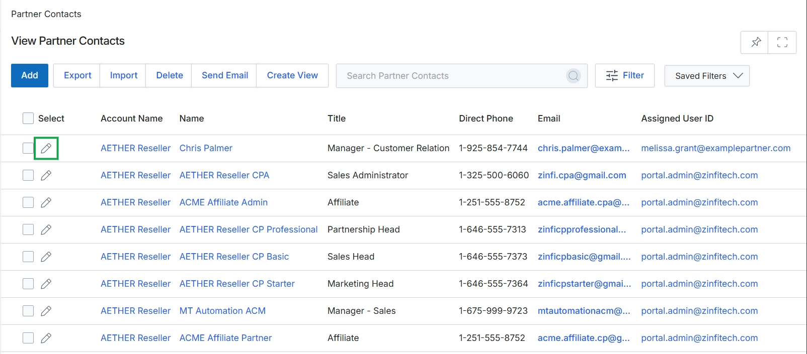 Partner Contacts list view