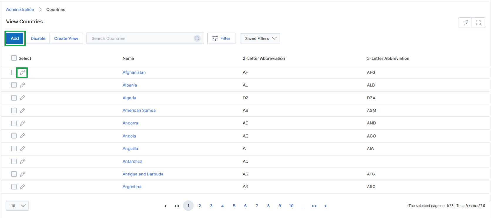 View Countries list with Add and Edit options