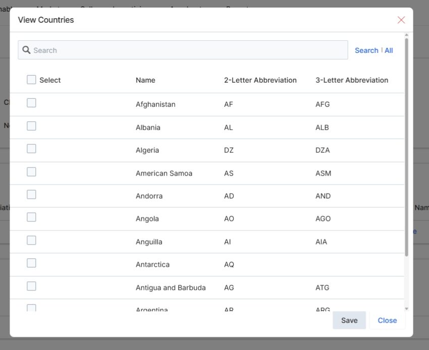 View Countries selection dialog