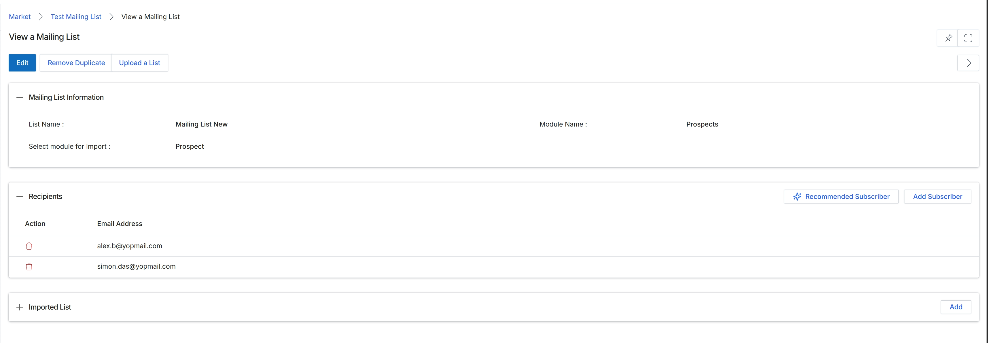 View a Mailing List screen