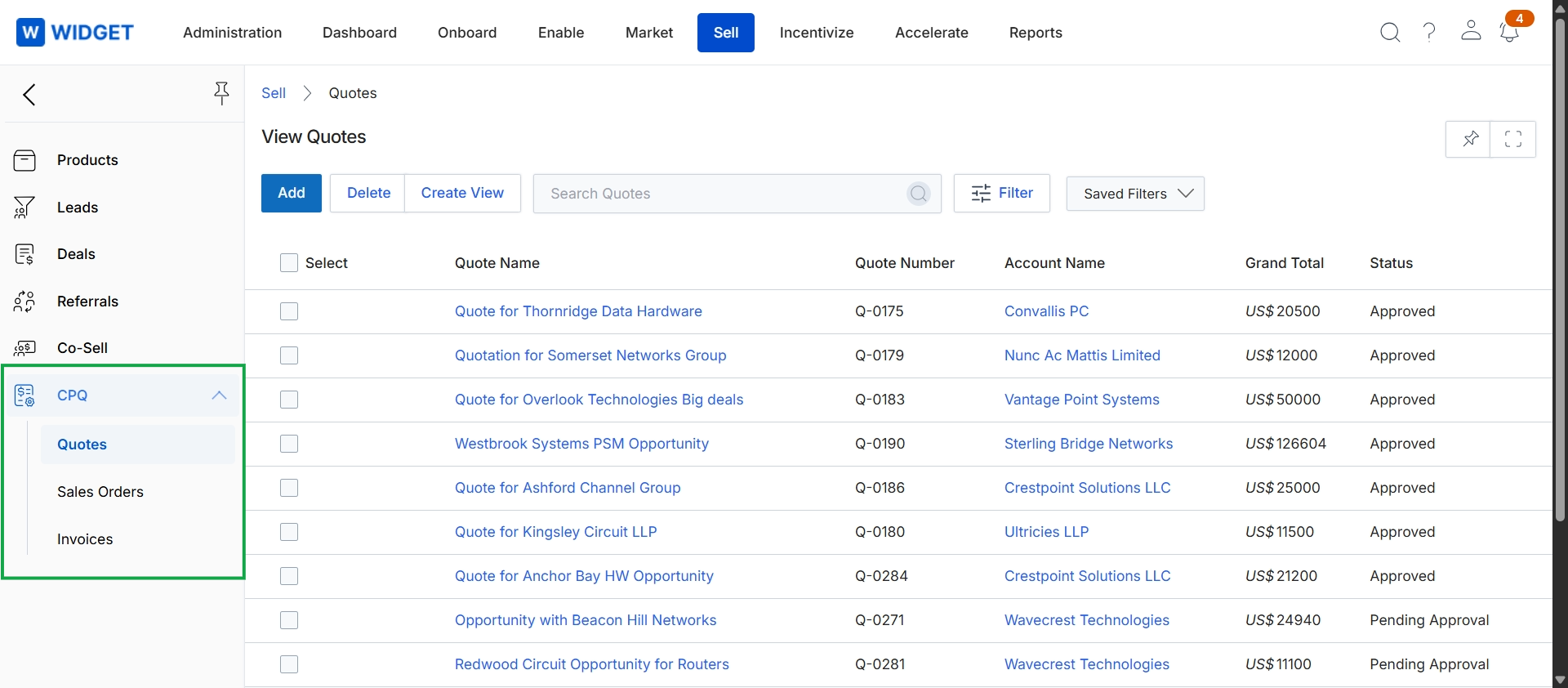 Sell module with CPQ submenu expanded