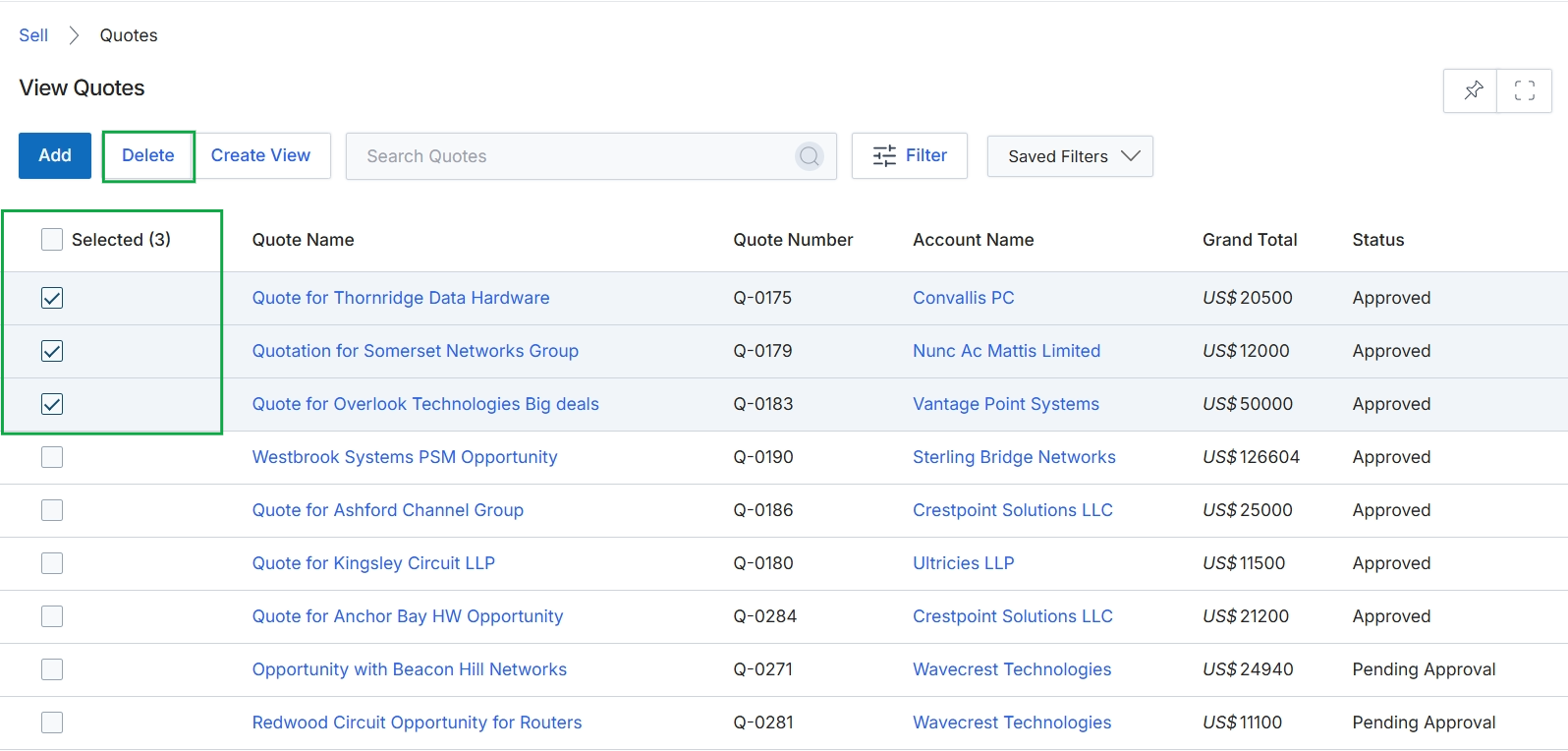 Quotes list with deletion option
