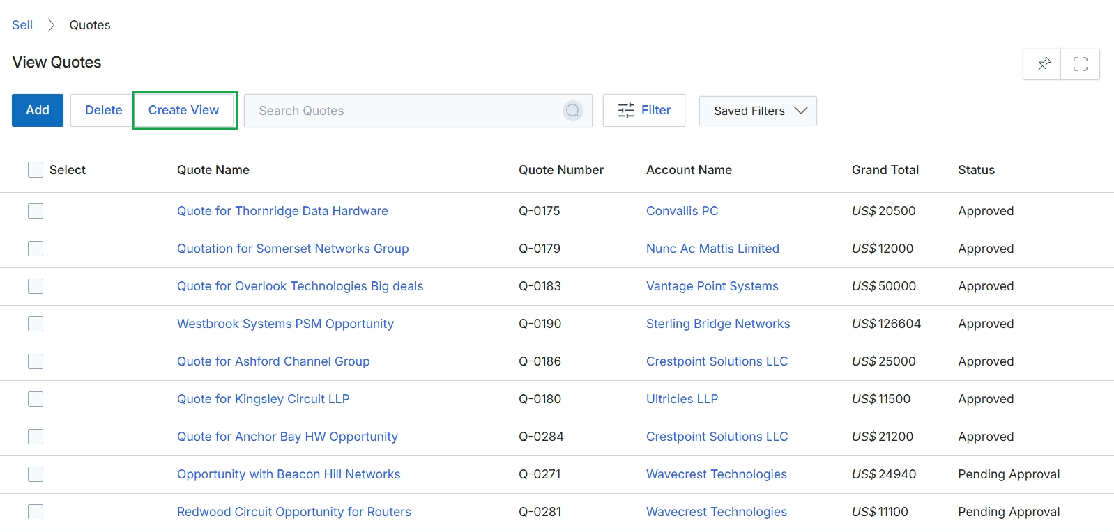 View Quotes list page with create view button highlighted