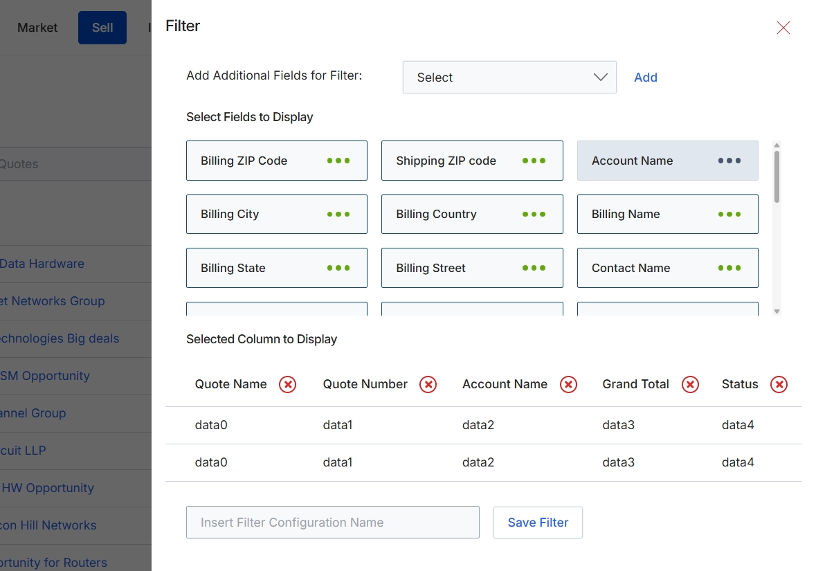 Filter configuration dialog for Quotes