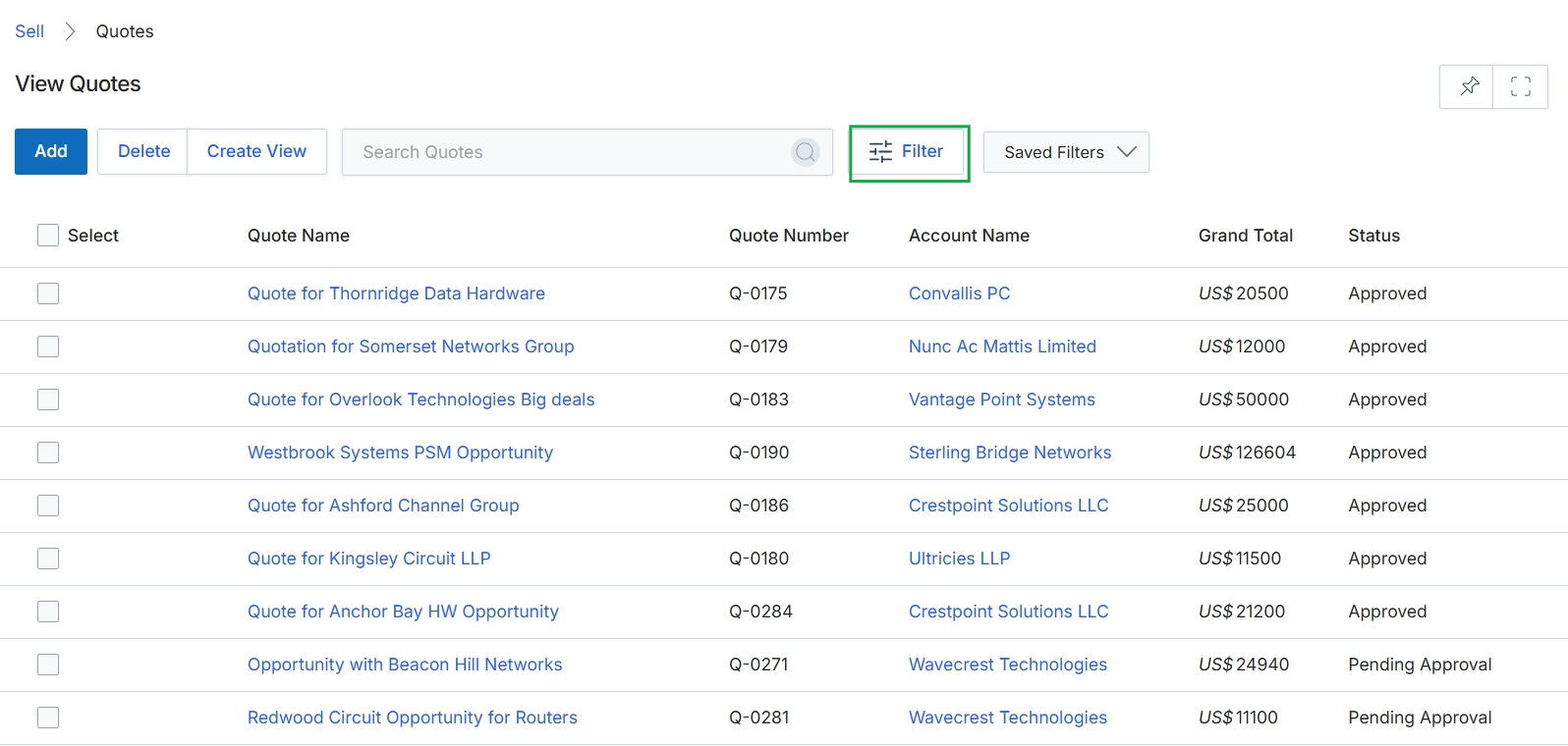View Quotes list page