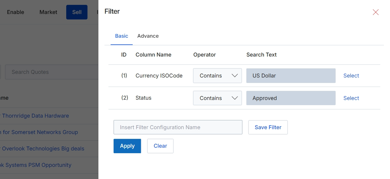 Filter quotes dialog