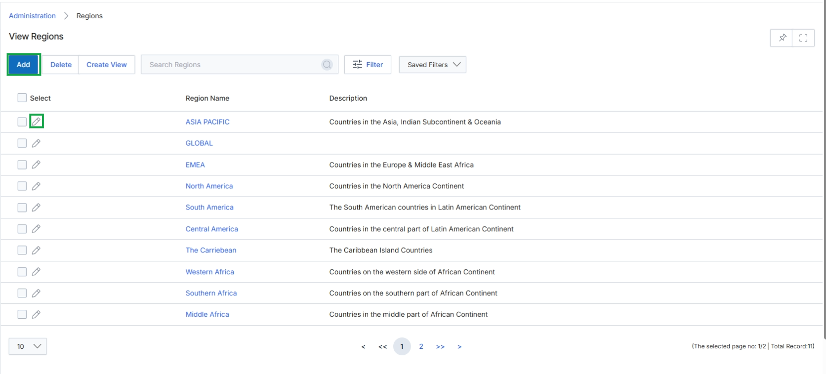 View Regions list page