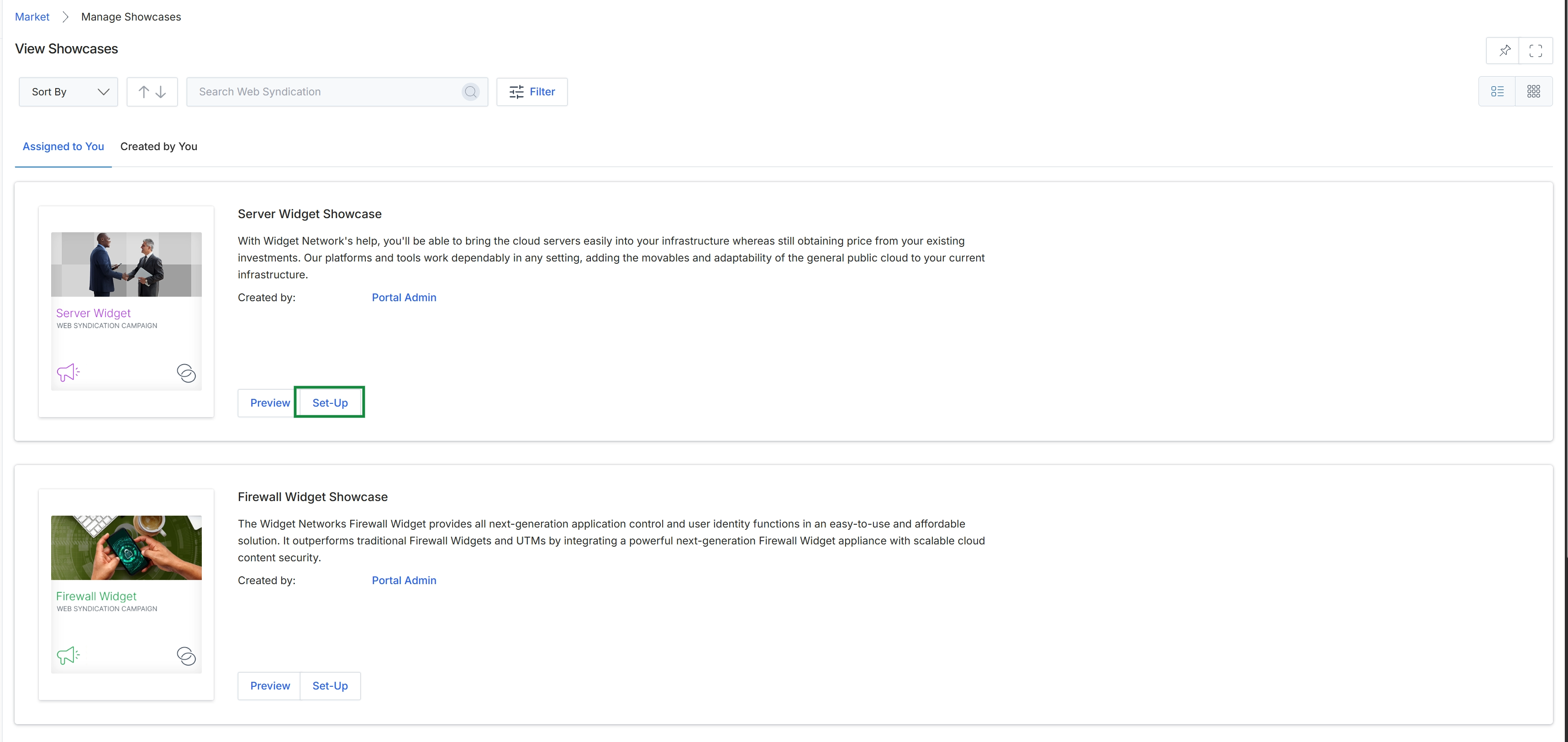 View Showcases page with available web syndication campaigns