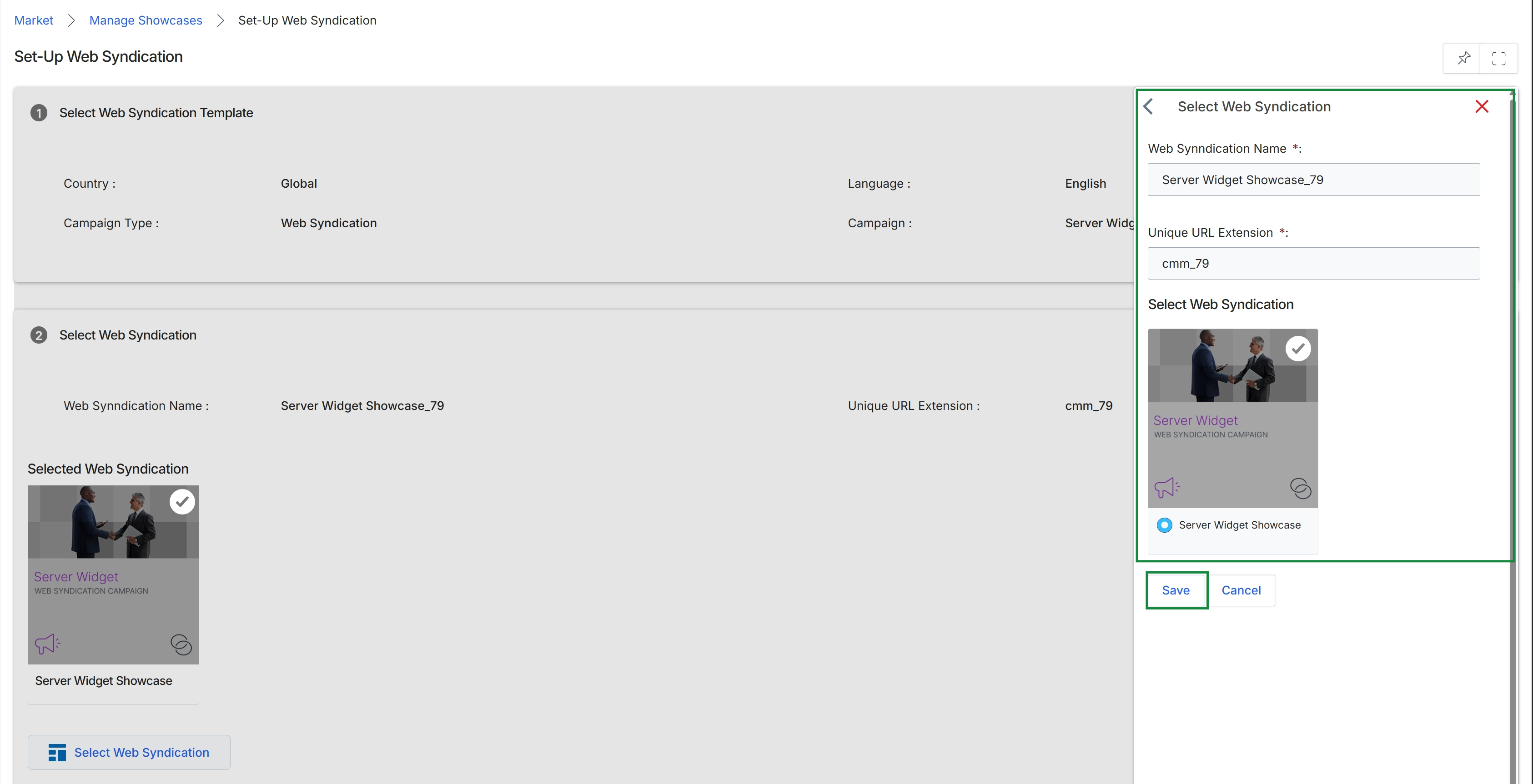 Set-Up Web Syndication screen with selection panel
