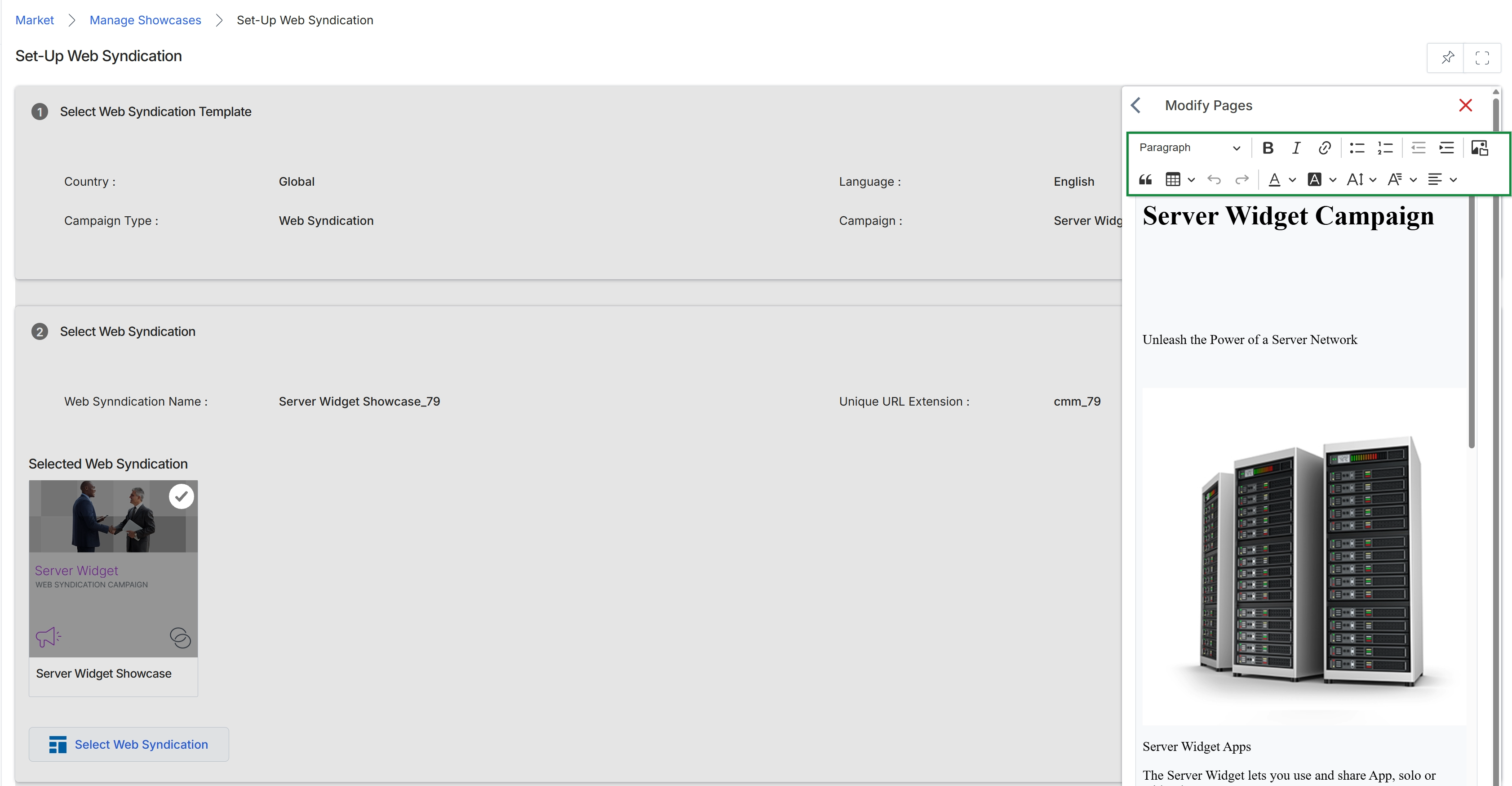 Web Syndication setup and content editor