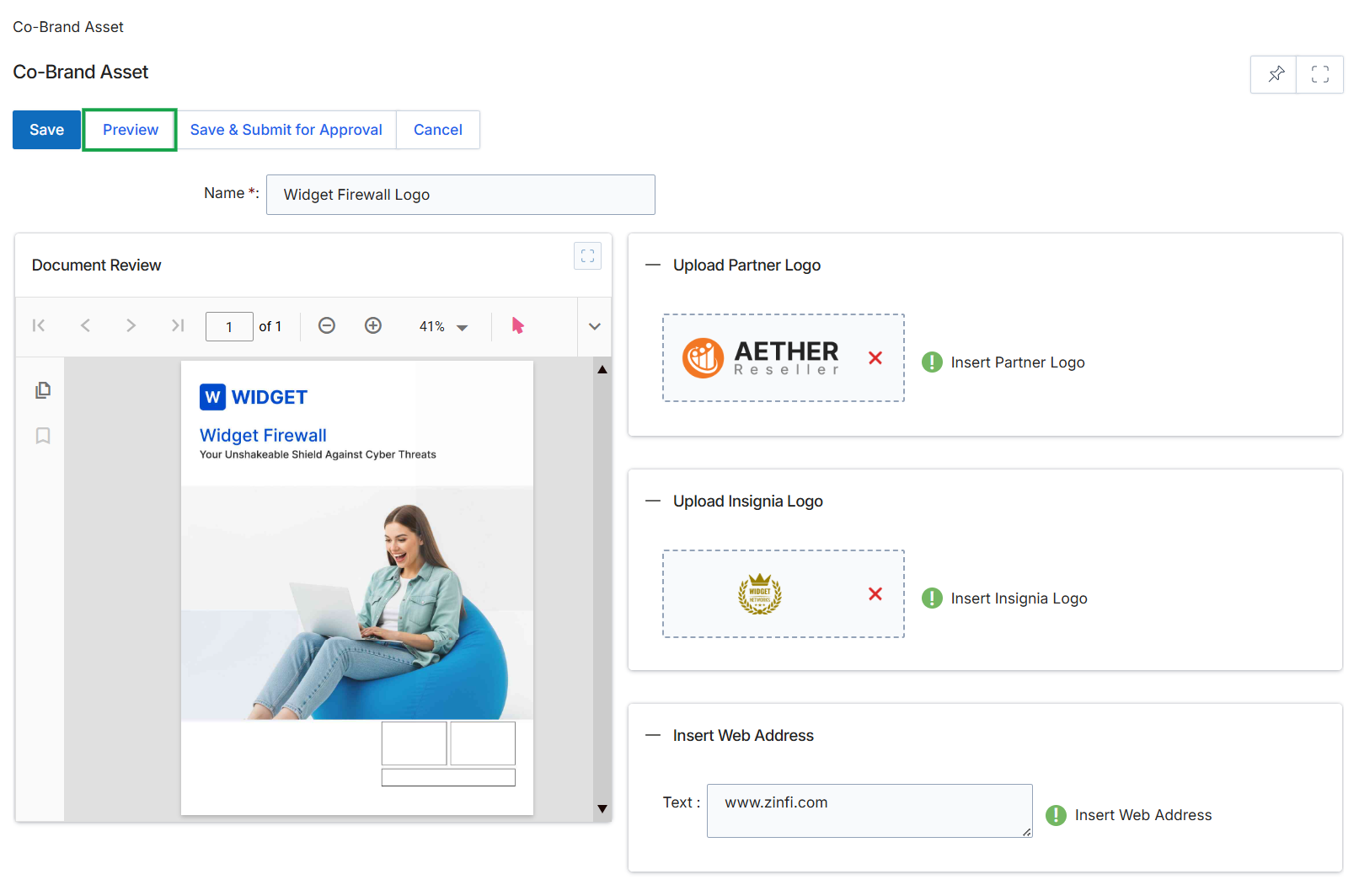 Co-brand asset editing page