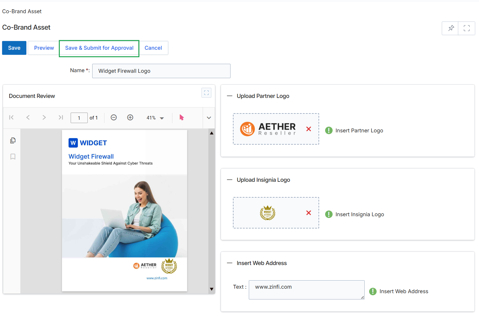 Co-Brand Asset page with Save & Submit for Approval button highlighted