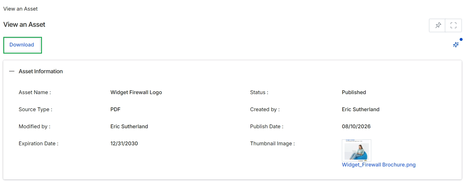 View an Asset page with Download button highlighted