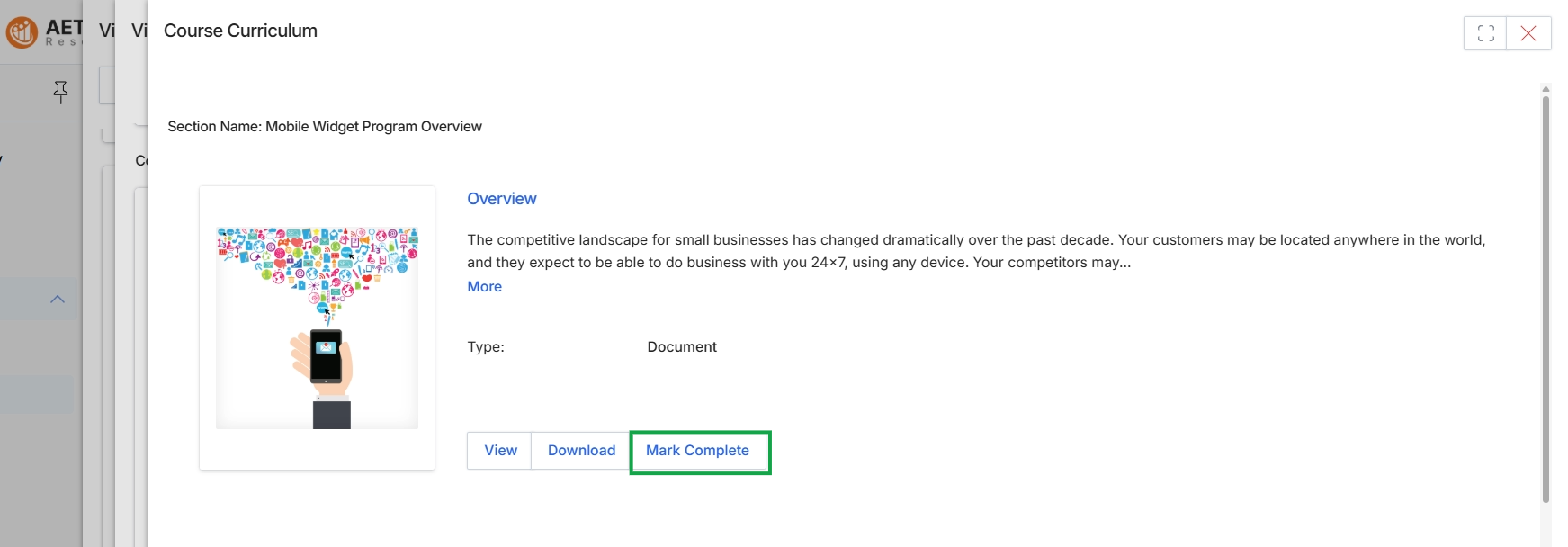 Course Curriculum modal with Mark Complete button highlighted