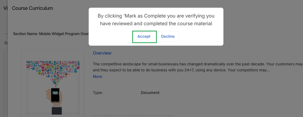Course section completion confirmation dialog