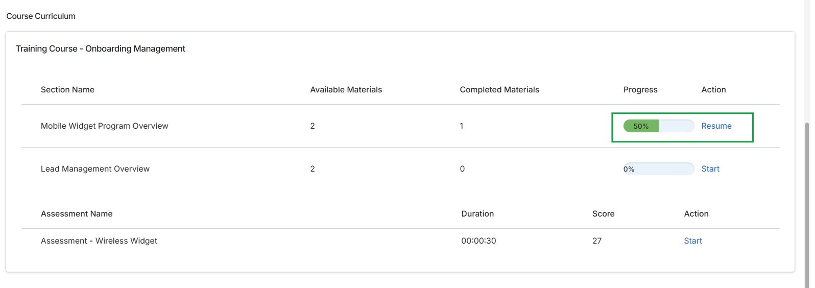 Course curriculum and progress overview