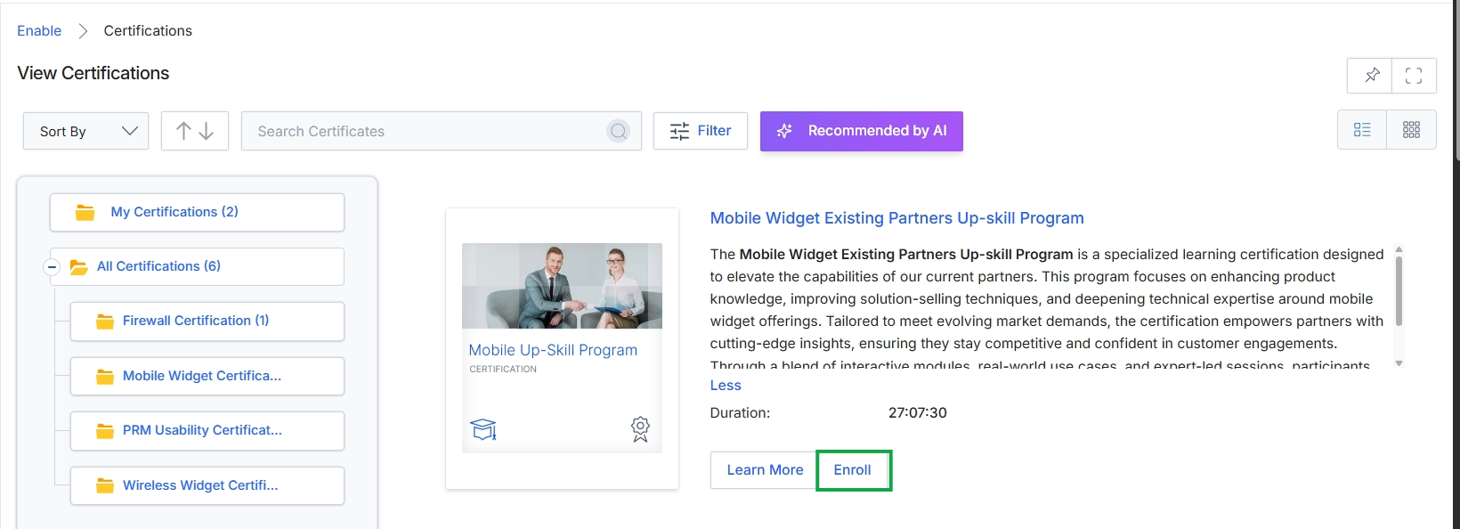 View a Certification page with Enroll button