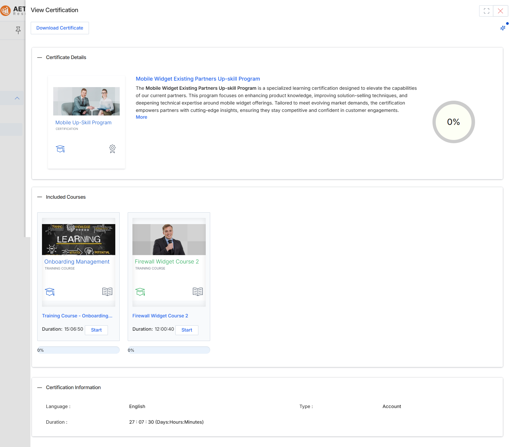 View Certification details page