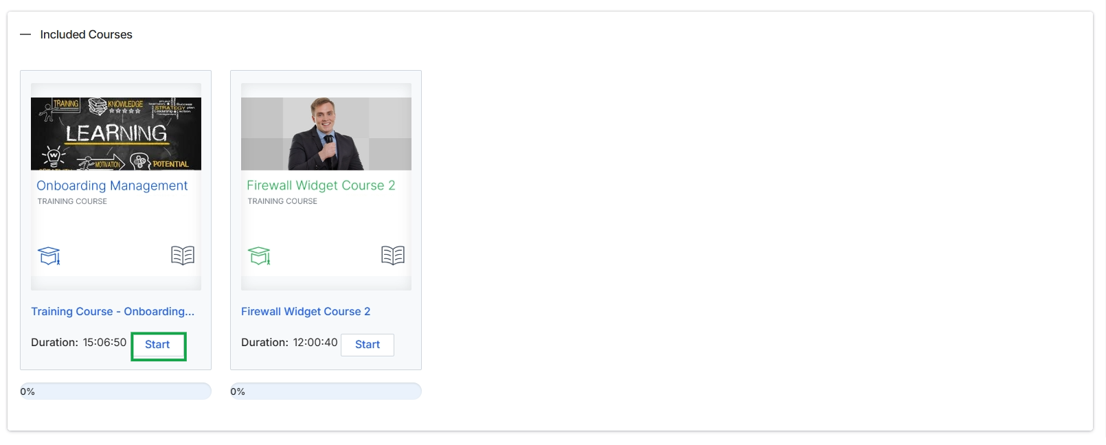 Included Courses section with Start button highlighted