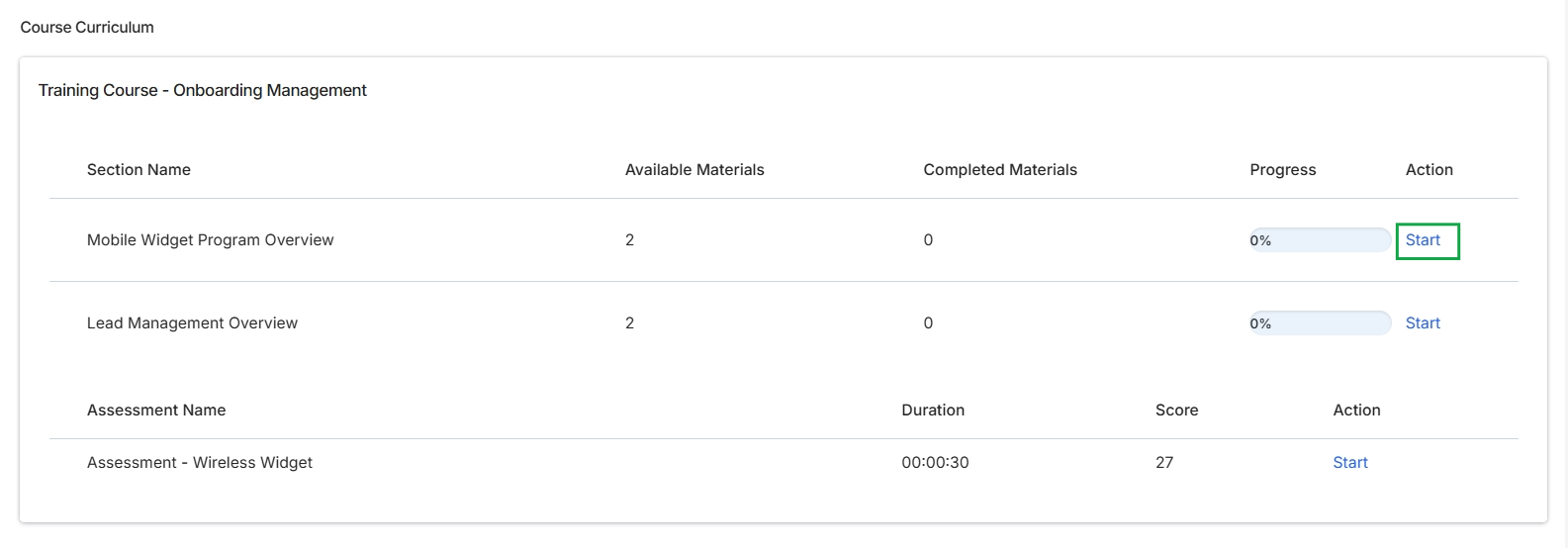 Course Curriculum section with Start button highlighted