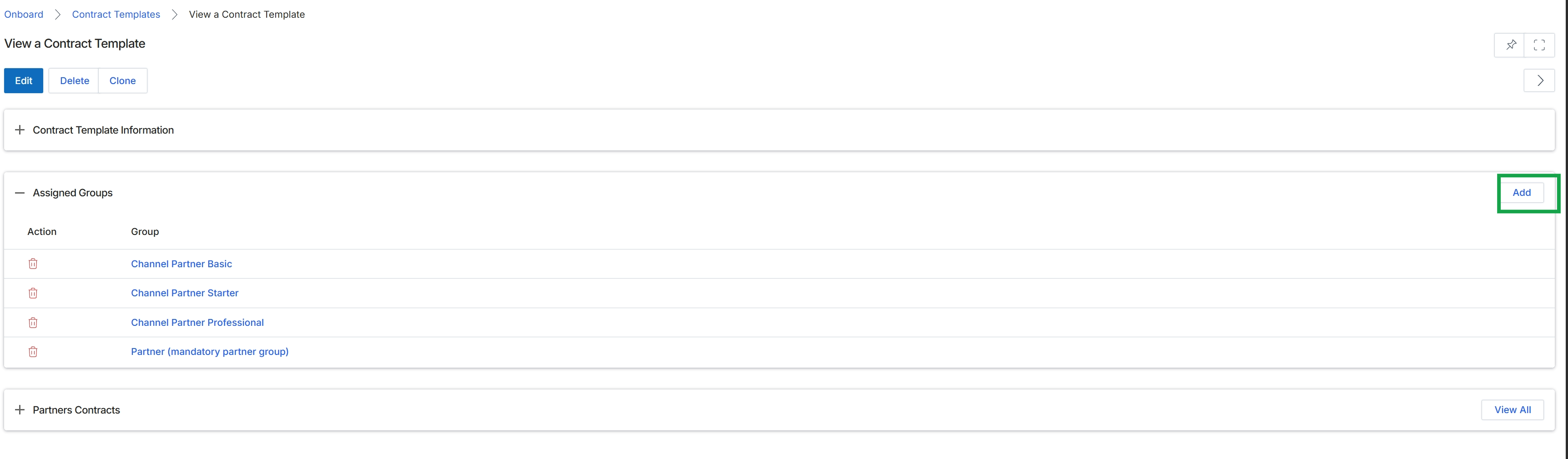 View a Contract Template page with Assigned Groups section