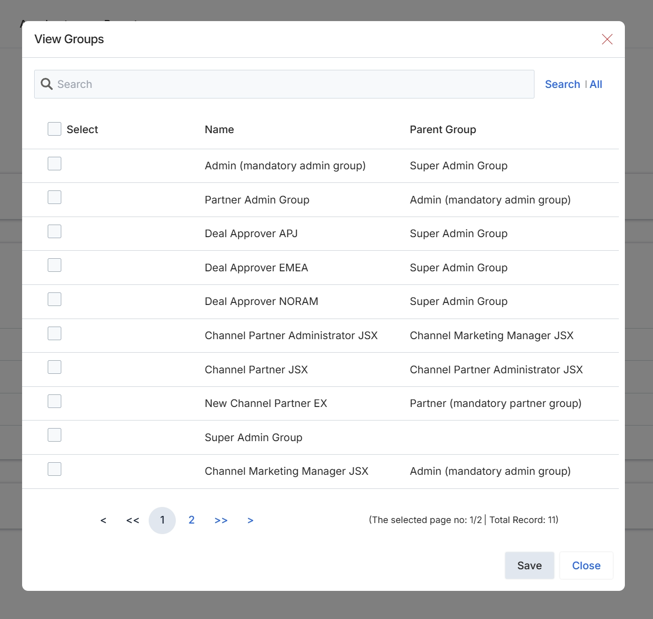 User group selection dialog