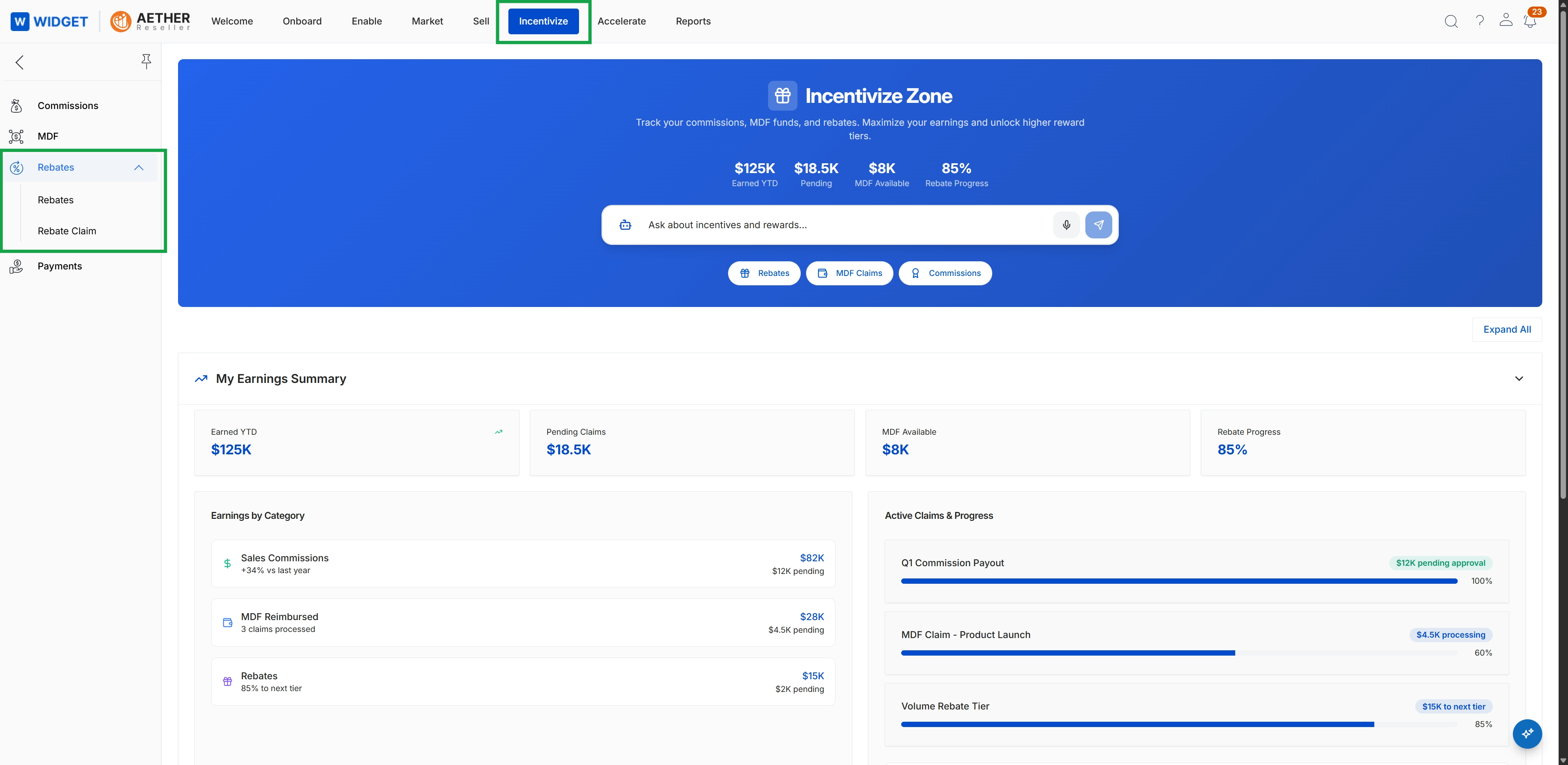 Incentivize Zone landing page with Rebates menu expanded