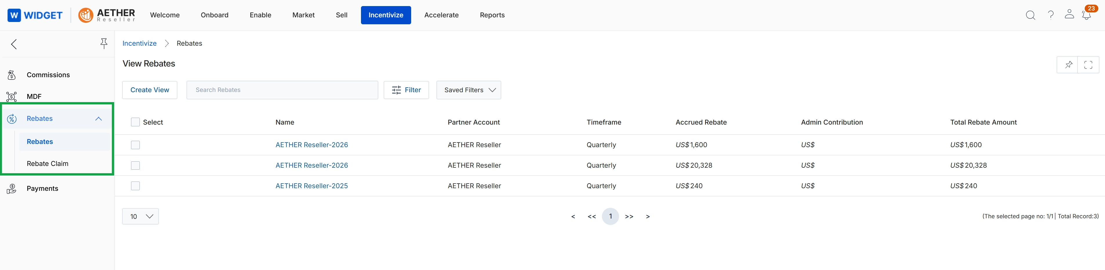 Rebates list view for administrators