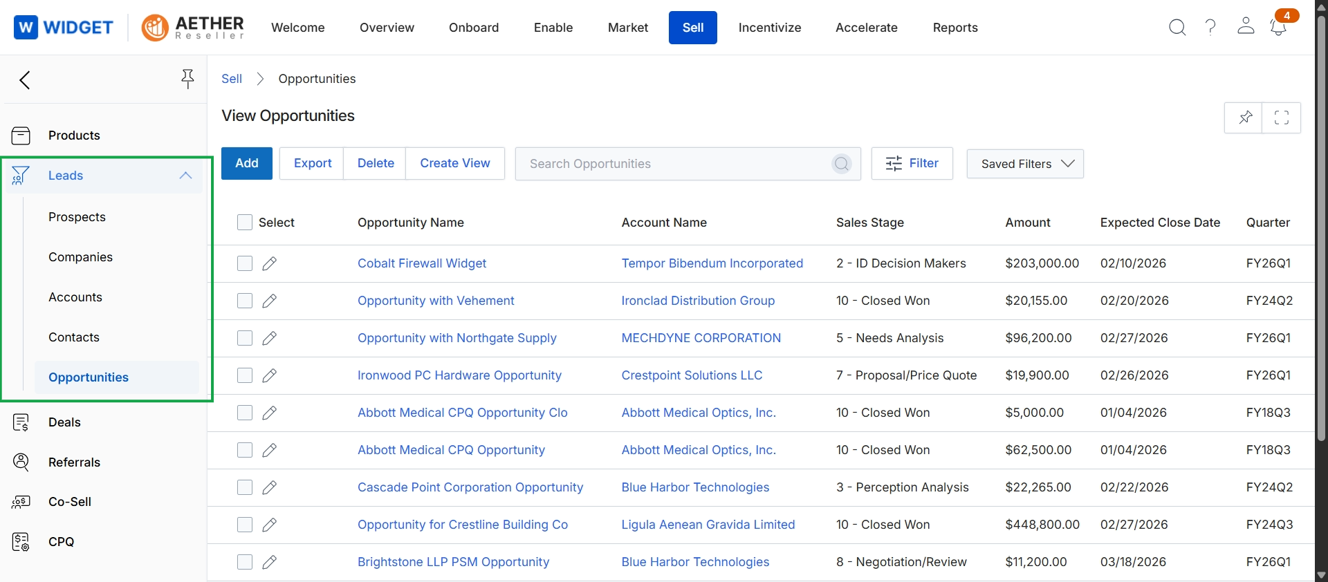 Opportunities list view within the Sell module