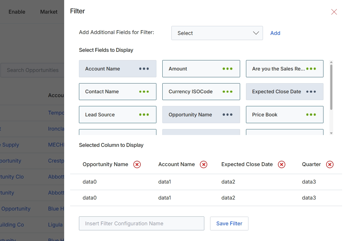 Opportunities Filter panel